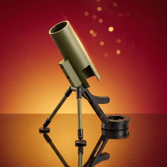 Beercup Mortar bottle launcher on a red and gold gradient